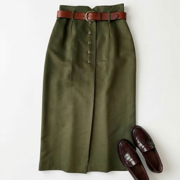 Spiegel Dresses & Skirts - Vintage 90s Olive Green Button Front Midi Skirt High Waist Tailored Minimalist